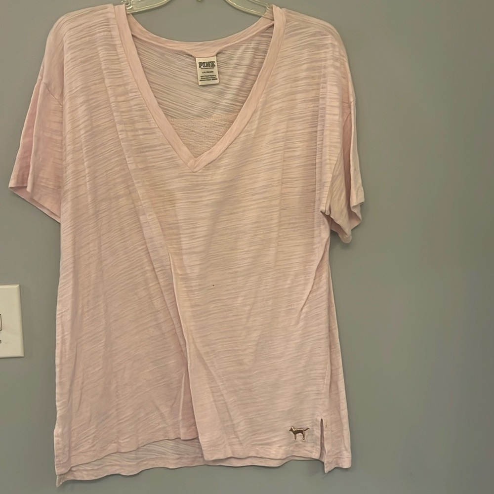 Pink tee, rhinestone detail on back, size L
